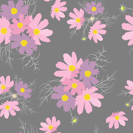 Floral seamless pattern with wild flowers on grey background. Illustration in vintage style for decoration fabrics, textiles, paper, wallpaper.Vector.のイラスト素材
