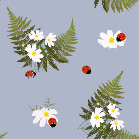 Seamless vector illustration with flowers, fern leaves and ladybirds on a blue background. For decorating textiles, packaging, web design.のイラスト素材