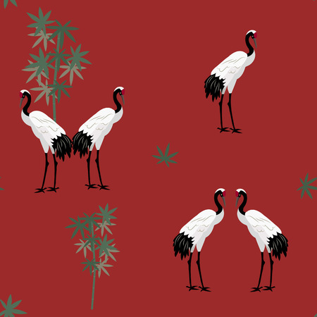 Seamless vector illustration with bamboo and crane birds on a red background. For decorating textiles, packaging, wallpaper.のイラスト素材
