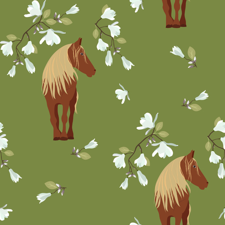 Seamless vector illustration with horse and flowers on green background. For decoration of textiles, packaging, wallpaper, web designのイラスト素材