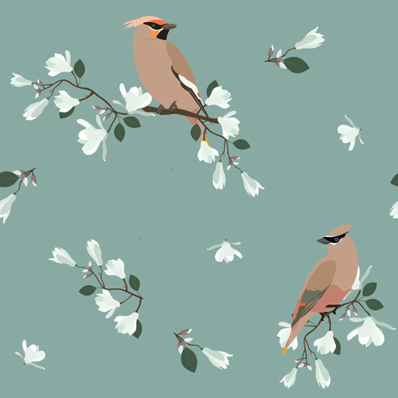 Seamless vector illustration with white magnolia flowers and waxwing on a green background. For decorating textiles, packaging, wallpaper.のイラスト素材