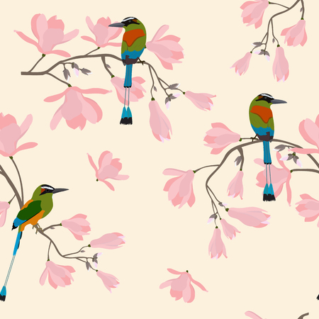 Seamless vector illustration with beautiful tropical birds and blooming magnolia on a beige background. For decorating textiles, packaging, wallpaper.のイラスト素材