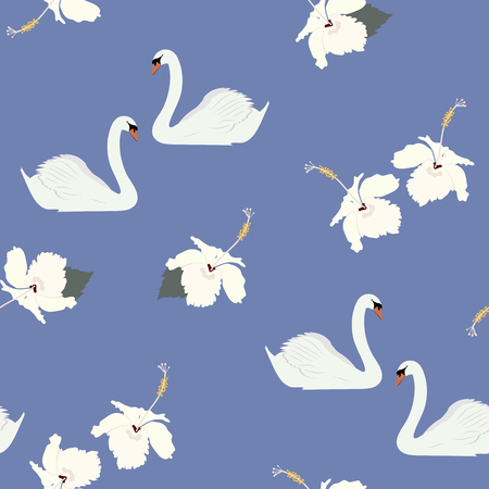 Seamless vector illustration with hibiscus flowers and swan on a blue background. For decorating textiles, packaging, covers.のイラスト素材