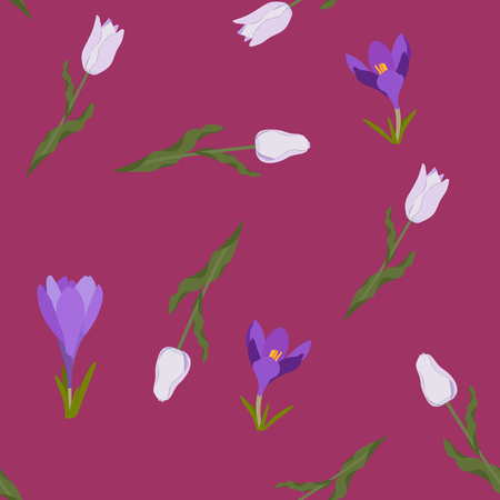 Seamless vector illustration with tulips and crocuses on a maroon background. For decorating textiles, packaging, web design.のイラスト素材