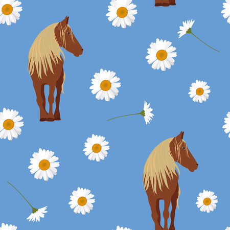 Seamless vector illustration with a horse and chamomile on a blue background. For decorating textiles, packaging, web design.のイラスト素材