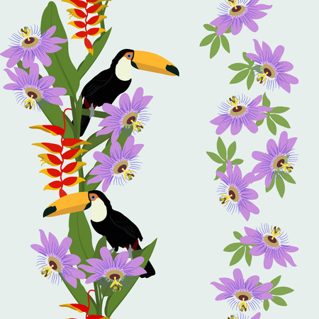 Seamless vector illustration with tropical flowers Passiflora and toucan on light background. For decorating textiles, packaging, wallpaper.のイラスト素材