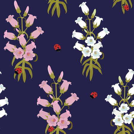 Seamless vector illustration with ladybug and campanula on a dark blue background. For decorating textiles, packaging, web design.のイラスト素材