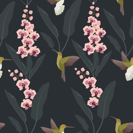 Seamless vector illustration with orchids and hummingbird on a black background. For decorating textiles, packaging, web design.のイラスト素材