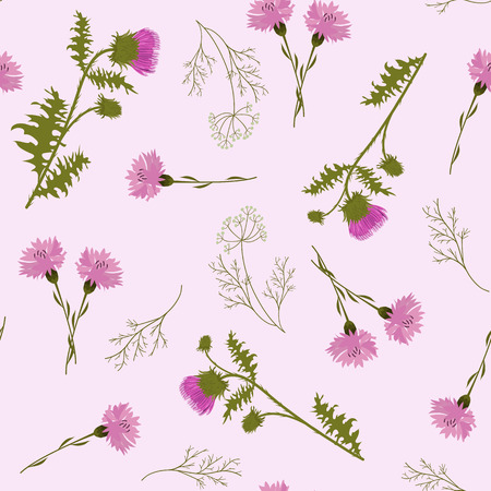 Seamless vector illustration with thistle and cornflowers on a pink background. For decorating textiles, packaging, web design.のイラスト素材