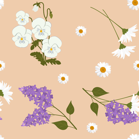 Seamless vector illustration with pansies,chamomile and lilac on a beige background. For decorating textiles, packaging, web design.のイラスト素材