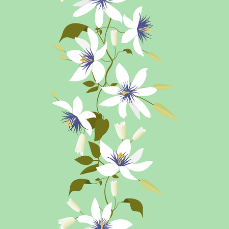 Seamless vector illustration with colors of clematis on a green background. For decorating textiles, packaging and wallpaper. Vertical.のイラスト素材