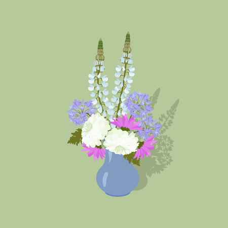 Vector illustration with a vase and realistic garden flowers on an isolated background. Template for greeting cards, web design.のイラスト素材