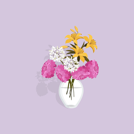 Vector illustration with a vase and realistic garden flowers on an isolated background. Template for greeting cards, web design.のイラスト素材