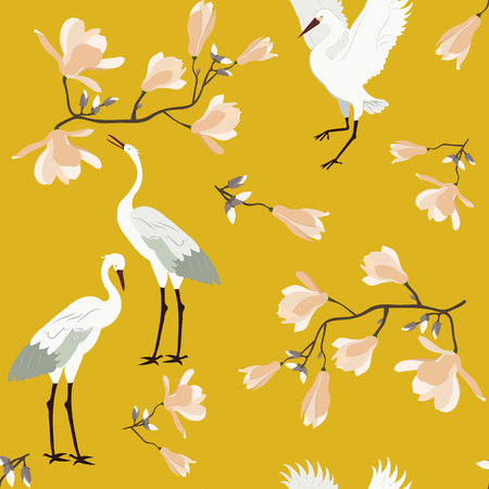Seamless vector illustration with blossoming magnolia and birds on a yellow background. For decoration of textiles, packaging, wallpaper.のイラスト素材