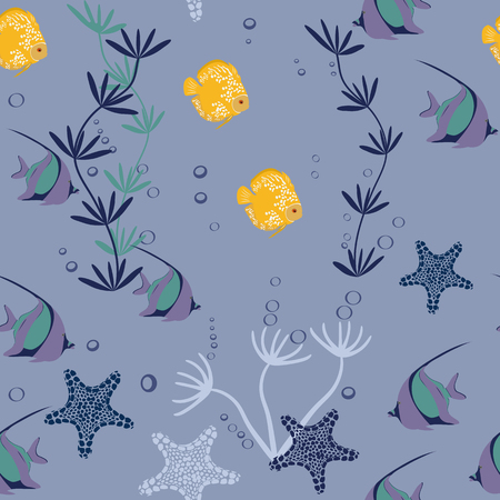 Seamless vector illustration. Underwater world with beautiful fish. For decoration of textiles, packaging, wallpaper.のイラスト素材