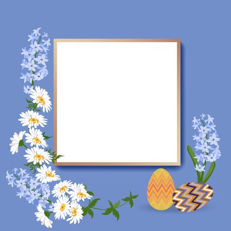 Floral wreath with spring flowers. Vector vintage botanical illustration. Hyacinth,chamomile and easter eggs, with frame for your text. Design for spring and easter cards.のイラスト素材