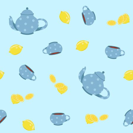 Seamless vector illustration with a cup of tea, teapot, lemon on a blue background. For textile decoration, packaging, web design.のイラスト素材