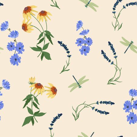 Seamless vector illustration with rudbeckia,dragonflies and lavender on a beige background. For decoration of textiles, packaging, web design.のイラスト素材
