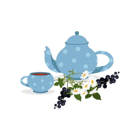 Vector illustration. Kettle with a cup of tea and chamomile with currant berries on a white isolated background. For packaging design, web design.のイラスト素材