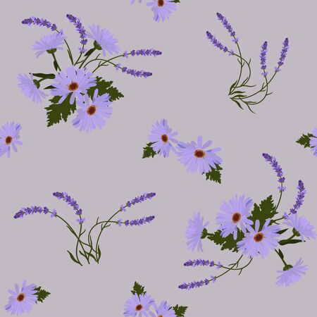 Seamless vector illustration with lavender and gerbera on a gray background . For textile decoration, packaging, web design.のイラスト素材