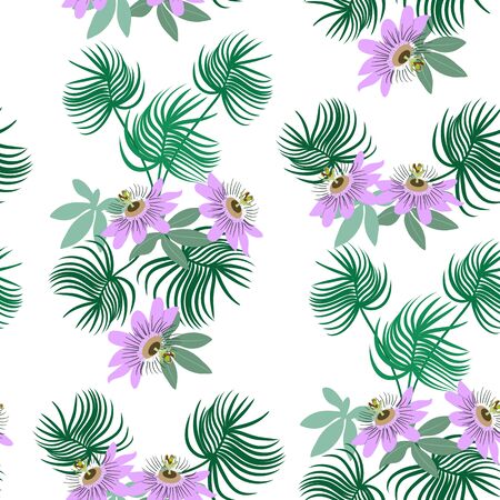 Seamless vector illustration with passiflora flowers and tropical leaves on a white background. For decorating textiles, packaging, wallpaper.のイラスト素材