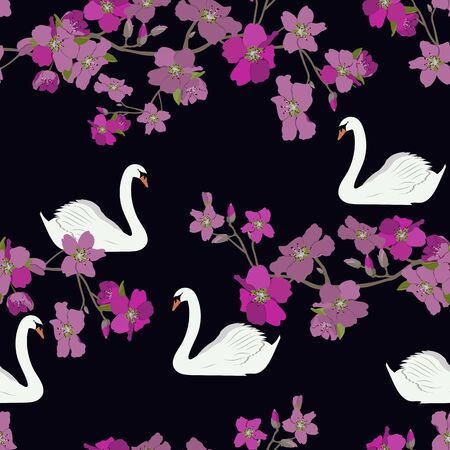 Seamless vector illustration of blooming cherry and swan on a black background. For decoration of textiles, packaging, wallpaper, web design.のイラスト素材