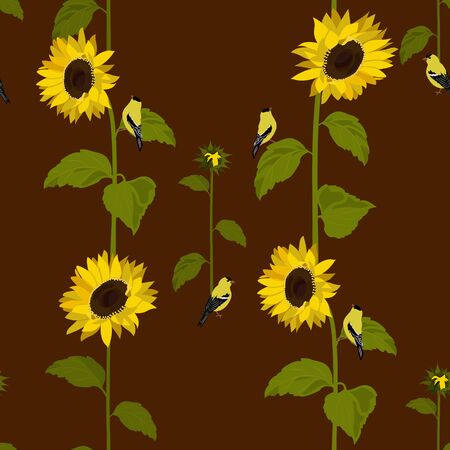 Seamless vector illustration with sunflowers and birds on a brown background. For decorating textiles, packaging, wallpaper.のイラスト素材