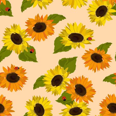 Seamless vector illustration with sunflowers and ladybirds on a beige background. For decorating textiles, packaging, wallpaper.のイラスト素材