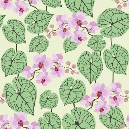 Seamless illustration with gentle orchids and beautiful tropical leaves. For decorating textiles, packaging, web design.のイラスト素材