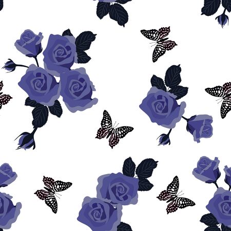 Seamless pattern with blue beautiful roses and butterflies on a white background.For textile decoration, packaging, web design. Vector illustration.のイラスト素材