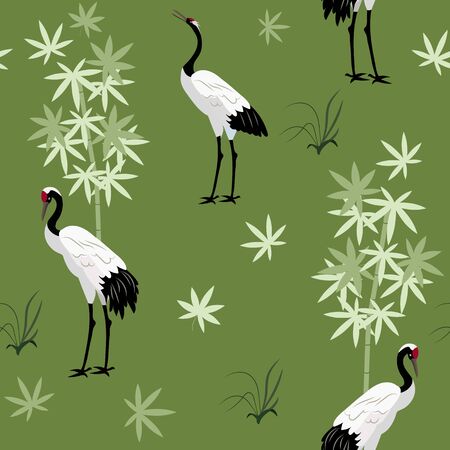 Seamless vector illustration with Japanese cranes and bamboo on a green background. For decorating textiles, packaging, wallpaper.のイラスト素材