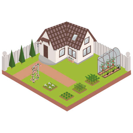 Private country house, cottage, garden with beds and flowers, isolated on a white background. Isometry .Vector illustration.のイラスト素材