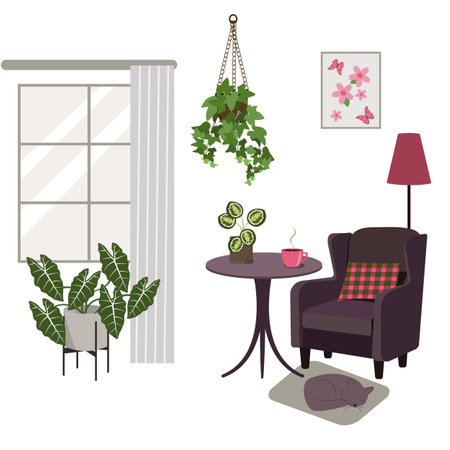 Vector illustration of a cozy living room with an armchair, flowers and a cat on a white isolated background.のイラスト素材