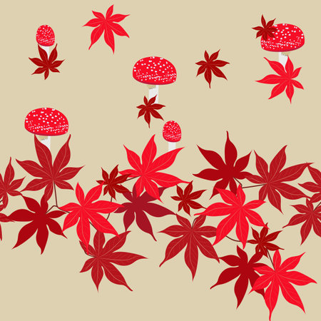 Seamless pattern with fly agaric and maple leaves on a beige background. Print for fabric or wrapping paper or other. vector graphics.のイラスト素材