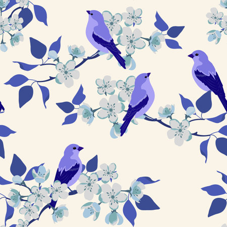 Seamless vector illustration with blossoming sakura and birds on a white background. For decoration of textiles, packaging, wallpaper.のイラスト素材