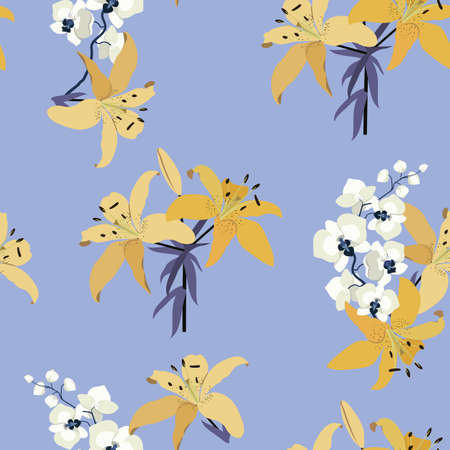 Seamless vector illustration with gentle flowers lily and orchids on a blue background.