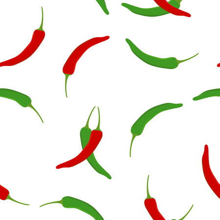 Seamless pattern with hot chilli pepper vector design on a white background. For decoration textiles, packaging.のイラスト素材
