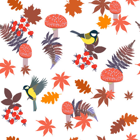 Seamless autumn pattern with fly agaric, herbs, birds and fern. Floral white background for printing on wallpaper, paper, textiles, fabrics. vector illustration.のイラスト素材