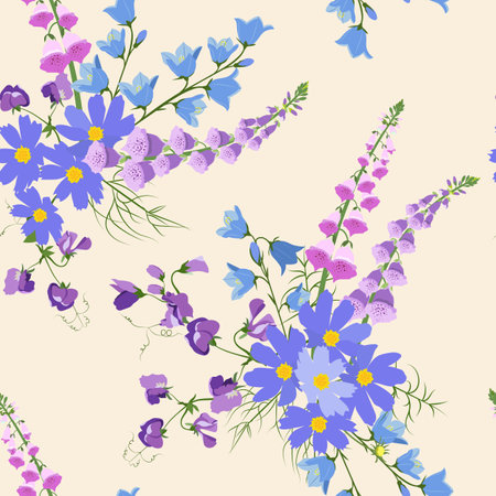 Seamless beautiful vector illustration with wildflowers on a beige background. For decoration of textiles, packaging, web design.のイラスト素材