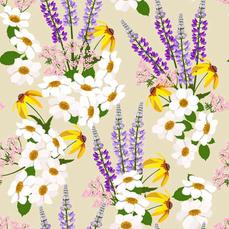 Seamless vector illustration with dahlias, lupine and rudbeckia on a beige background. For decoration of textiles, packaging and web design.のイラスト素材