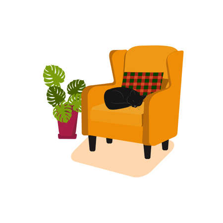 House is not a home without a cat. Cat lying on chair. Vector illustration on a white isolated background.のイラスト素材