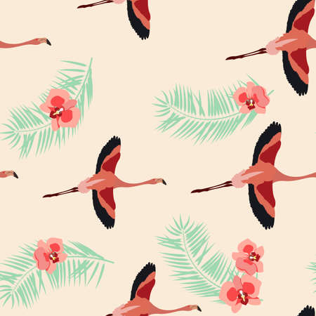 Seamless beautiful vector illustration with tropical orchids and flamingos on a beige background. For decorating textiles, packaging, web design.のイラスト素材