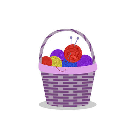 Basket with balls of thread and spiza on a white isolated background. Template for decorating postcards, logo, icons, tags.のイラスト素材