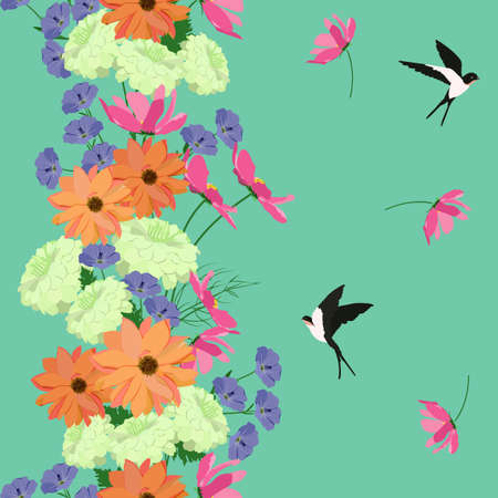 Seamless vector illustration with pink kosmea, chrysanthemums, flax and swallow in a turquoise background. For textile decoration, packaging, web design.のイラスト素材