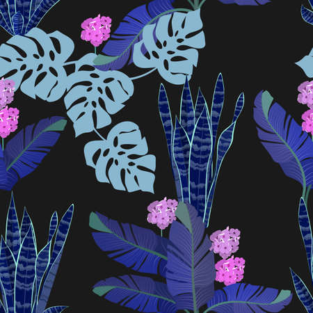 Beautiful tropical leaves and flowers on a black background. Seamless vector illustration. For decorating textiles, packaging, wallpaper.のイラスト素材