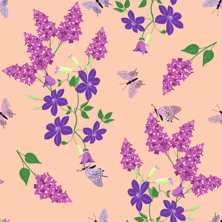 Seamless beautiful summer vector illustration with lilac, clematis and butterflies. For decorating textiles, packaging, wallpaper.のイラスト素材