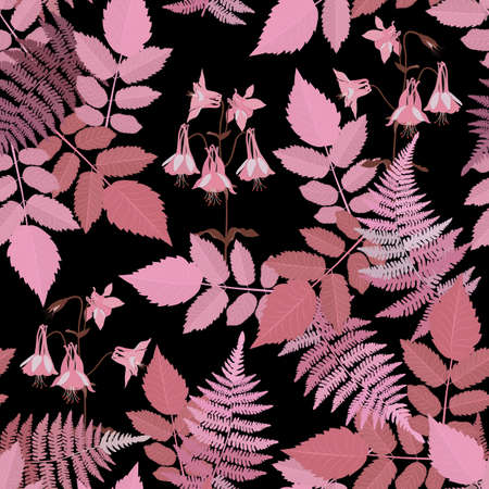 Seamless vector illustration with gentle pink aquilegia and fern on a black background. For decorating textiles, packaging and wallpaper.のイラスト素材