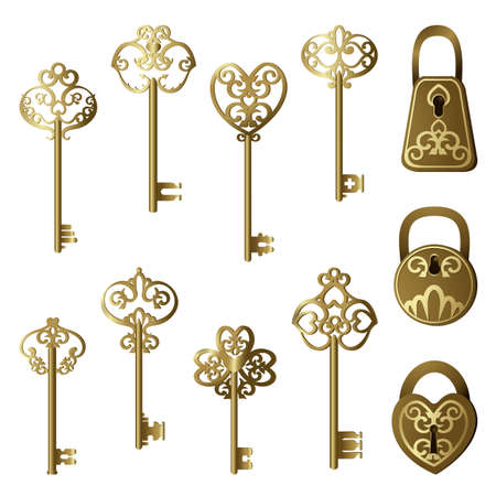 Set of vintage keys and locks on a white isolated background. Antique household items. vector illustration.のイラスト素材