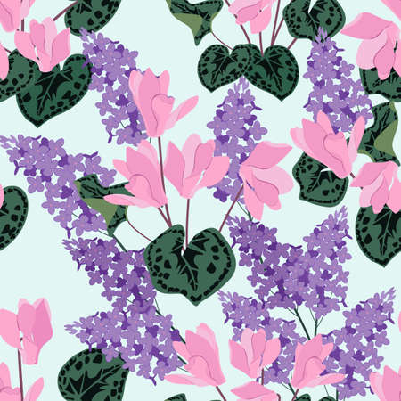 Seamless pattern with cyclamen and lilacs. Endless texture for decoration textile, packaging, wallpaper. vector illustration.のイラスト素材