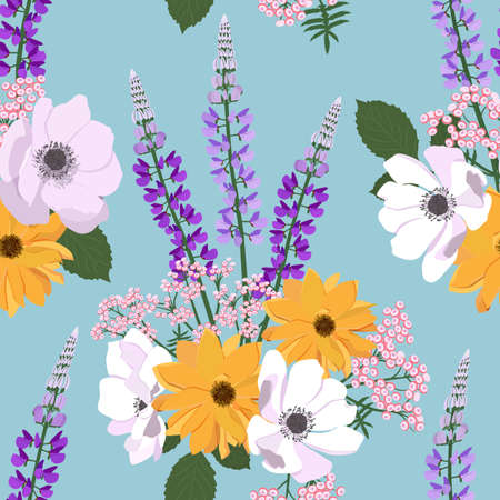 Seamless vector illustration with field lupine, anemone and dahlia on a blue background. For decoration of textiles, packaging, wallpaper.のイラスト素材